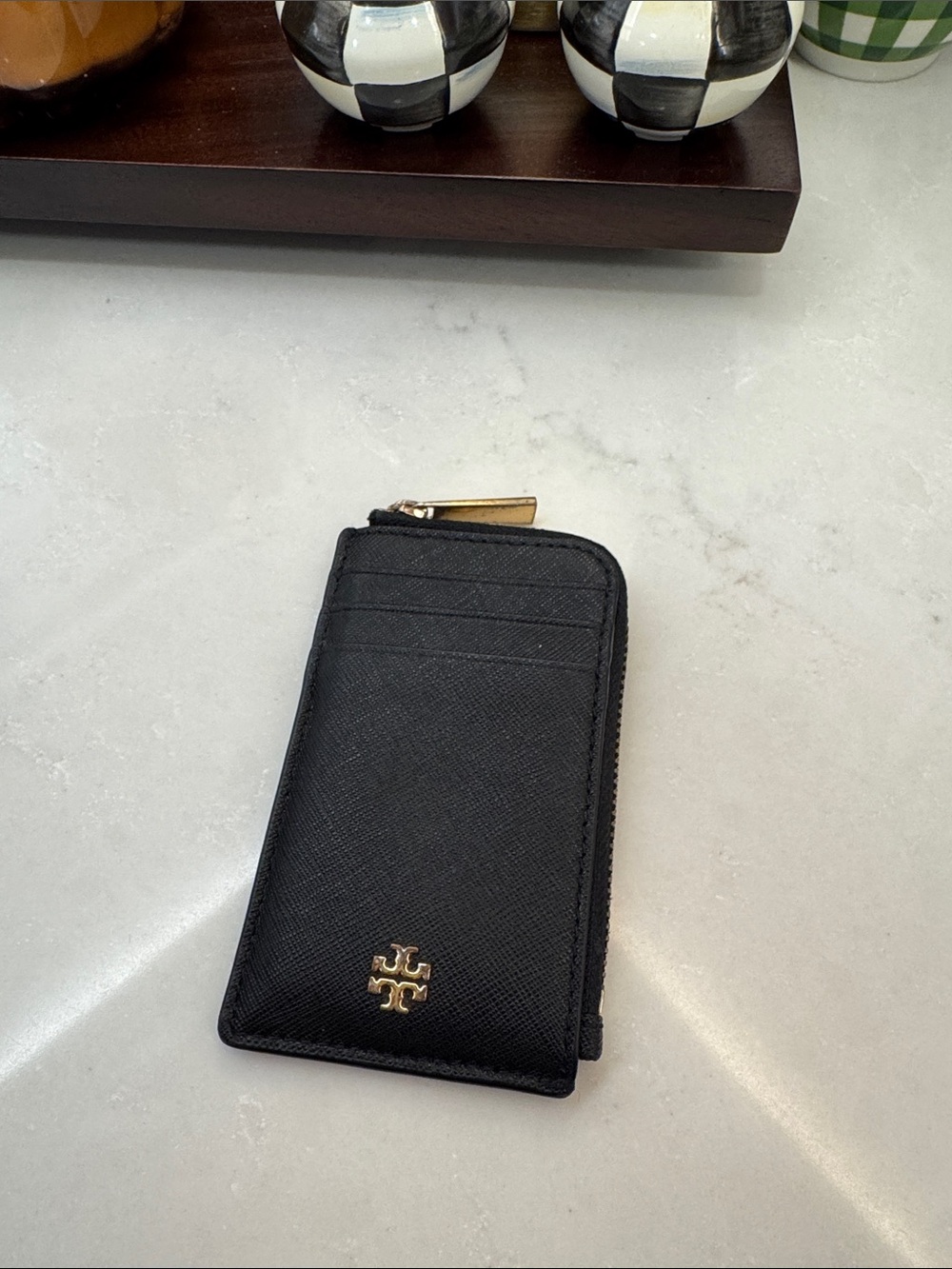 Tory Burch Black Zip Card Case with Gold Logo